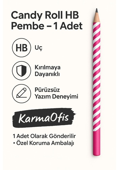 Candy Roll Hb Pembe Kurşun Kalem 1 Adet Şerit Desenli Hb Uç Pembe
