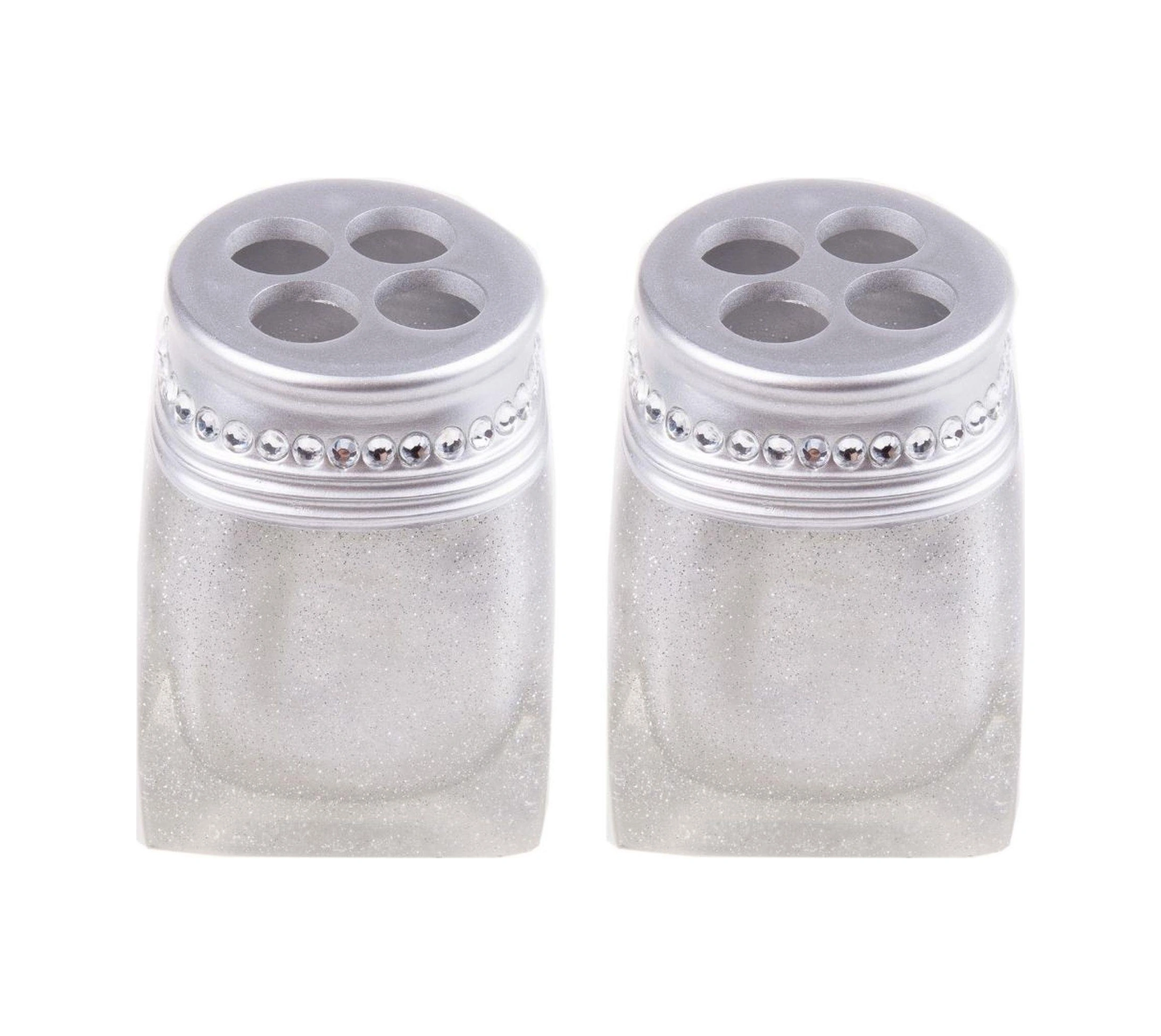 2 Adet Diş Fırçalık Kristal Taşlı Gümüş Poliresin 7x7x10cm Banyo Seti Çok Renkli