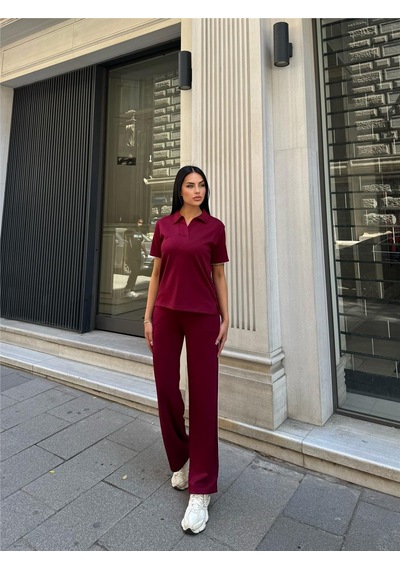WeShaya Bordo Polyester Keten Polo Yaka Takım Bordo