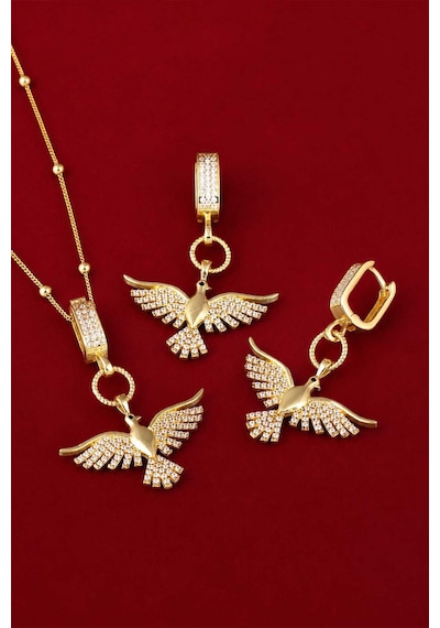 Gümüş Pazarım Altın Kaplama 925 Ayar Gümüş Top Zincirli Anka Kuşu Kolye Küpe Set 06844948