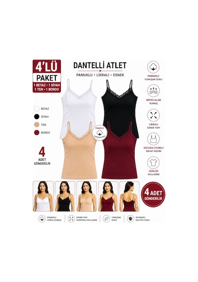 Comfort Secret Kadın 4 Lü Paket Dantelli Atlet İp Askılı Pamuklu Likralı Basic Atlet Beyaz Siyah Ten Bordo Bordo Siyah Beyaz Ten Comfort Secret Kadın 4 Lü Paket Dantelli Atlet İp Askılı Pamuklu Likralı Basic Atlet Beyaz Siyah Ten Bordo Bordo Siyah Beyaz Ten