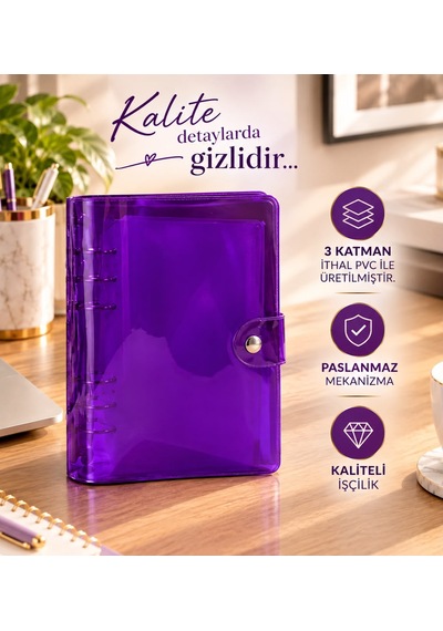 Birikim Ajandası - Birikim Cüzdanı Bütçe Planlayıcı Ajanda Şeffaf Mor Mekanizmalı 5 Adet Fermuarlı Dosya Birikim Kartı Hediyeli Şeffaf - Mor