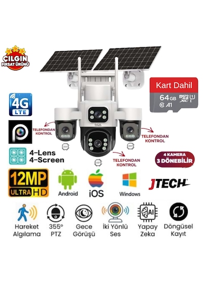 Inox X-24 3mp+3mp+3mp+3mp 12mp 4g E-sim Kartlı 2xsolar Panelli 4 Lens 3 Ptz Akıllı Kamera + 64gb Sd Kart Dahil
