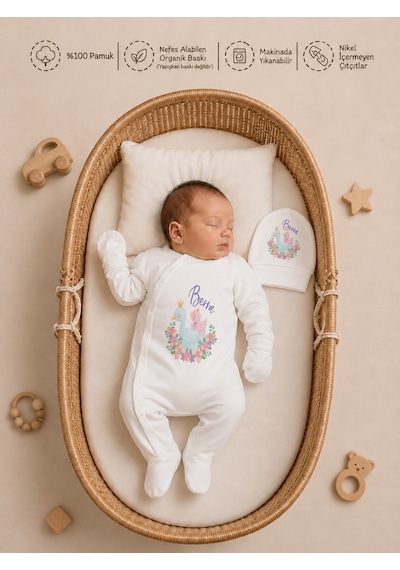 Pia Baby Kız Bebek Yeni Doğan Tulum Seti 4 Lü %100 Pamuk İsimli Organik Baskılı Battaniyeli 2034bt3x Ekru
