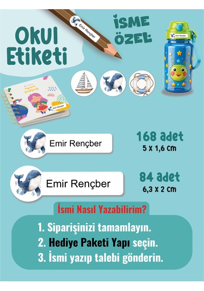 Okul Etiketi Kalem Defter Etiketi Mavi Balina Temalı Özel İsim Yazılabilen Etiket - 252adet