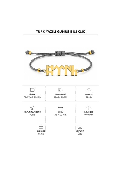 Türk Ruhu Göktürkçe Gümüş Bileklik Altın