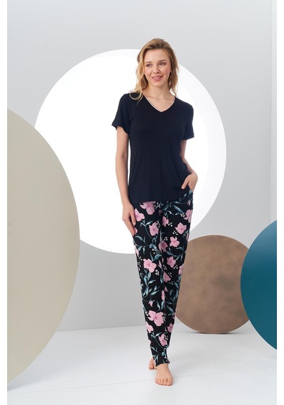 Pjs 24168 Kadın Kısa Kollu V Yaka Desenli Pijama Takım 001