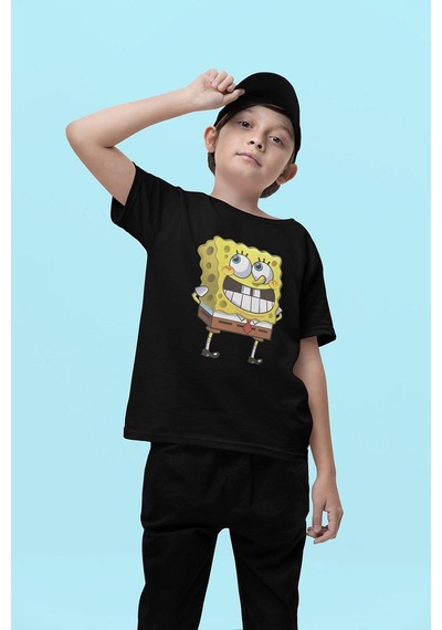Sevbano Utangaç Süngerbob Baskılı Unisex Çizgi Film Çocuk Tişört 1-12 Ya SIYAH