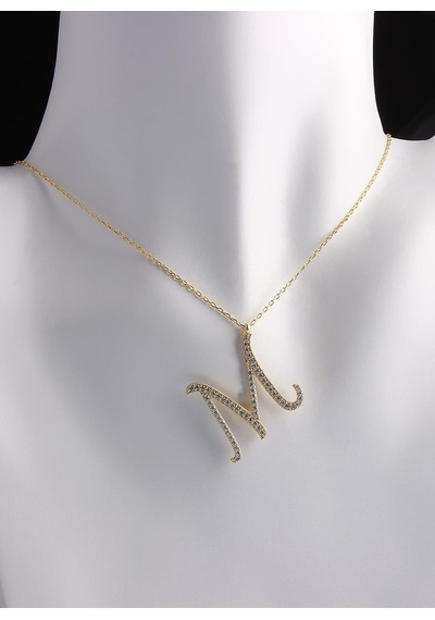 Omar Silver Kadın Büyük Boy M Harf Kolye Zirkon Taşlı Gold Altın
