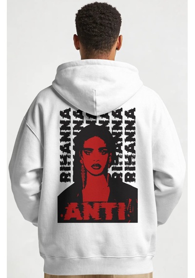 Sevbano Rihanna Şarkıcı Sırt Baskılı Unisex Oversize Penye Hoodie beyaz