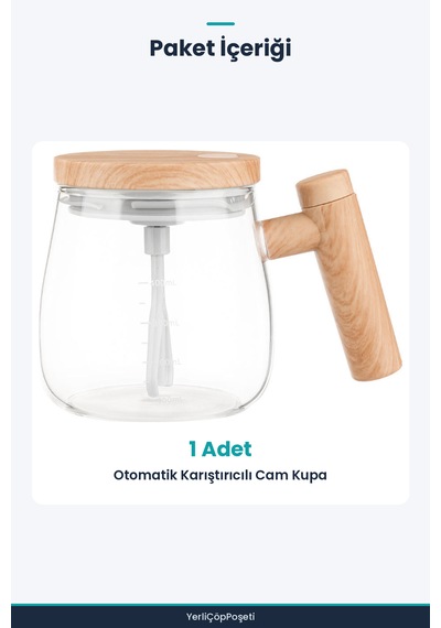 Otomatik Karıştırıcılı Kupa Bardak - Cam - Şarjlı Cam - Şeffaf