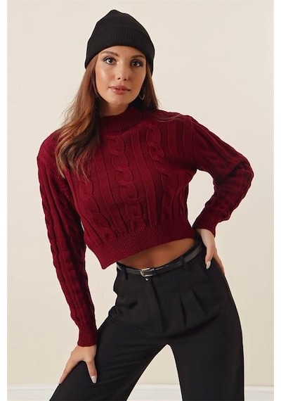 Yarım Balıkçı Yaka Saç Örgülü Kısa Crop Bordo Kazak Bordo