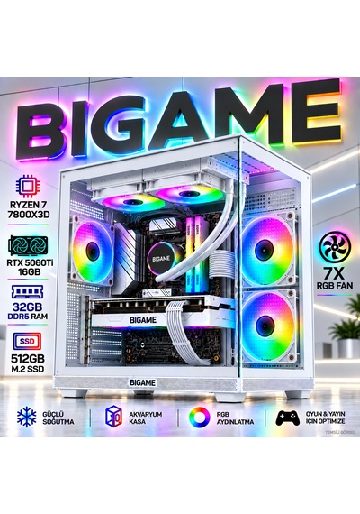 Bigame HYPER-V2 R7-7800X3D 16 GB 32 GB 512 GB M2 SSD RTX5060Ti Free Dos Masaüstü Oyuncu Bilgisayarı