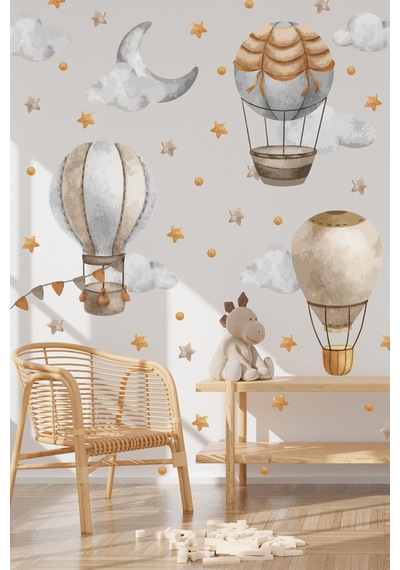 Bohem Retro Balonlar Ve Yıldızlar Çocuk Bebek Odası Kreş Anaokulu Süsleme Sticker Seti Mat Yüzey Dijital Baskı