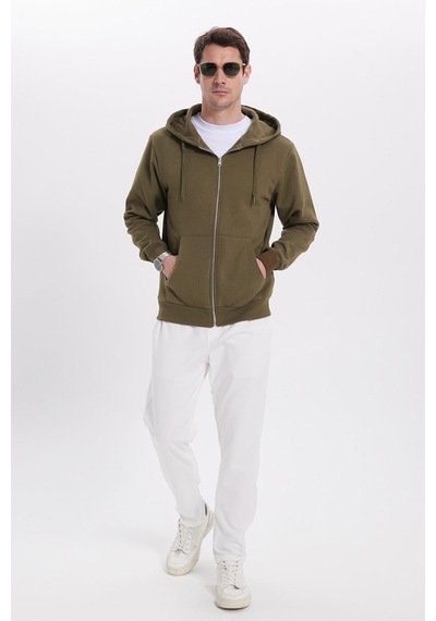 Tudors Unisex Relax Fit Rahat Kesim Pamuklu İçi Polarlı Çift Cepli Tam Fermuarlı Haki Kapüşonlu Sweatshirt-41651 Kahverengi