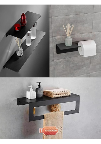 Modern Banyo 3'lü Set Banyo Askısı Havluluk Tuvalet Kağıtlığı Siyah