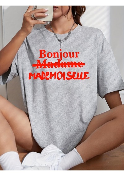 Uyguntarz Unisex Bonjour Paris Baskılı Tasarım Tshirt Gri