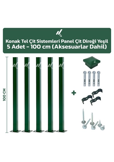 5 Adet Panel Çit Direği 100 CM Yeşil + Aksesuarlar