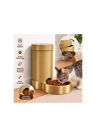 Kedi Ve Köpek Otomatik Mama Kabı Yerçekimli Mama Besleyici, Geniş Hazneli, Pratik Ve Modern Tasarım - Gold