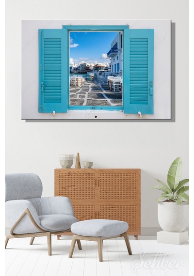Yunanistan Mikonos Adası Deniz Kenarındaki Kafeler Dekoratif Yatay Kanvas Tablo 4039 Çok Renkli