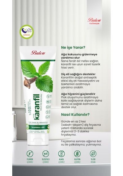 Balendoğal Nane & Karanfil Özlü Diş Macunu 100 Ml Beyazlatma
