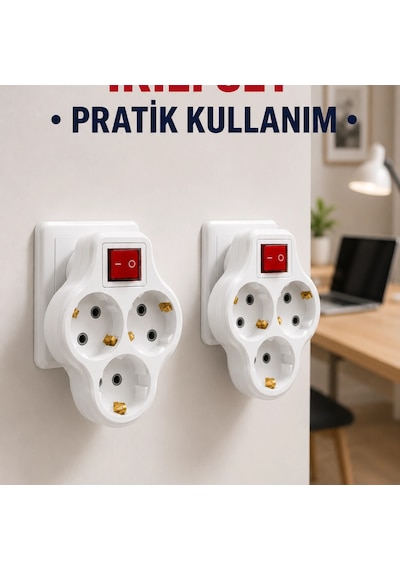 Kablosuz 3 Lü Priz Çoklayıcı Açma Kapama Anahtarlı Duvar Tipi 2 Adet Set Diğer