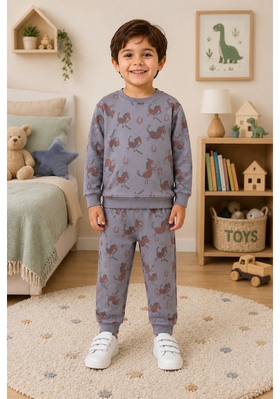 Monox Unisex Şardonlu İçi Polarlı Baskılı 3 İplik Takım Füme