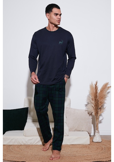 Buratti Pamuklu Regular Fit Bisiklet Yaka Ekoseli Erkek Pijama Takımı 6574001 Lacivert
