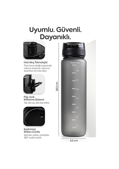 Cor Solis Tritan Sızdırmaz BPA’sız 1 Litre Suluk – Siyah-Antrasit Gri