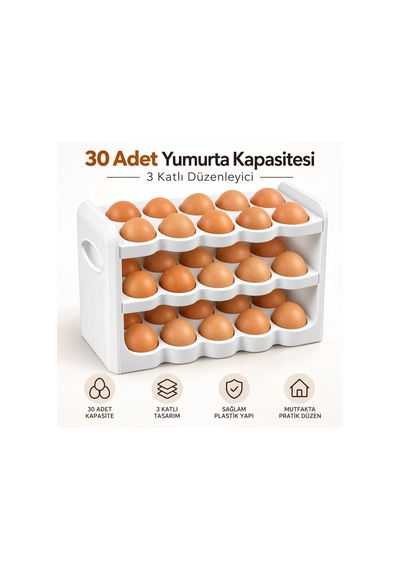 Tr 3 Katlı 30'lu Yumurta Organizeri, Plastik, Beyaz, 26x9,5x17 Cm Diğer