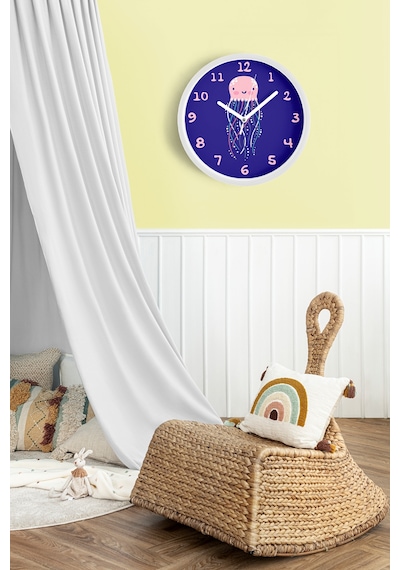 Sevimli Denizanası Çizimli Çocuk Odası Duvar Saati - 42cm - Önü Camlı Beyaz Kasa - Sessiz Mekanizma Beyaz