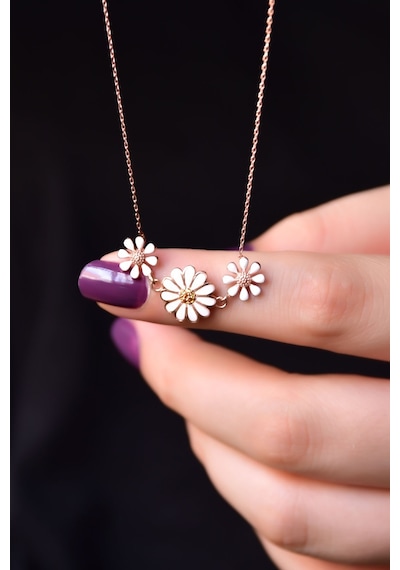 Papatya Silver 925 Ayar Gümüş Rose Kaplama Üçlü Papatya Kolye