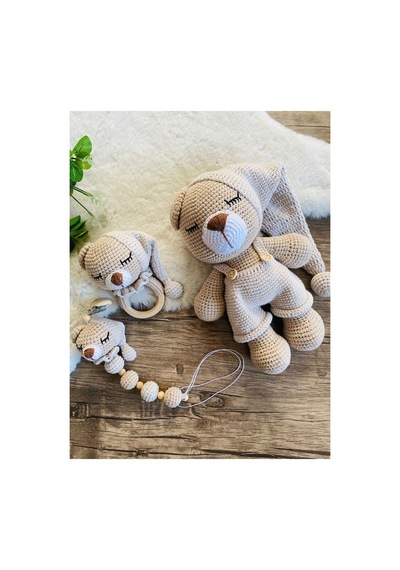 Adenya Sepeti Sepeti Masal Ayıcık Set Bej Renk Örgü Amigurumi Oyuncak + Diş Kaşıyıcı + Emzik Askısı