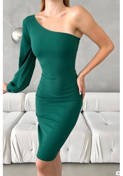 Lior Design Kadın Şık Model Krep Kumaş Tek Omuz Abiye Elbise Zümrüt