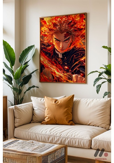 Demon Slayer Rengoku Poster, Ahşap Çerçeveli Duvar Tablosu - Anime Severlere Özel Hediye