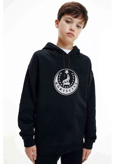 Tshirthane Börtecine Logo Baskılı Unisex Çocuk Kapüşonlu Siyah Sweatshirt