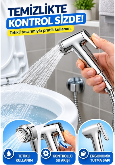 Krom Tabancalı Taharetmatik Taharet Musluğu Seti 100 Cm Spiral Çelik Hortumlu Duvar Askılı Wc Spreyi
