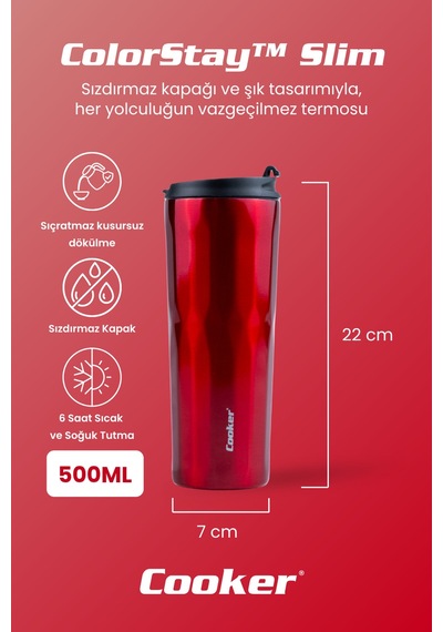 Cooker Colorstay Slim 500 Ml Paslanmaz Çelik Bardak Termos Ckr2100 Kırmızı
