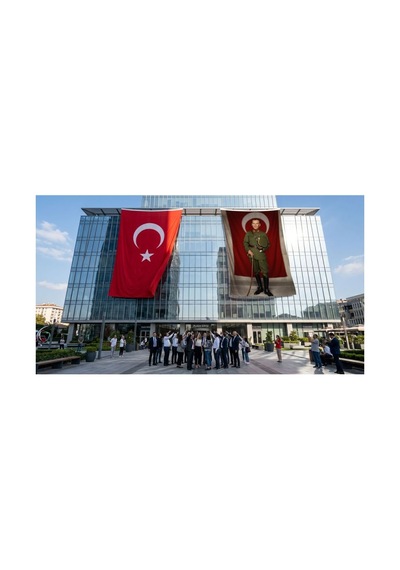 Elinde Bastonu İle Üniformalı Mustafa Kemal Atatürk Bayrak Ve Türk Bayrağı Premium Raşel Kumaş 2'li Set 10x15 Metre Ata62 Diğer