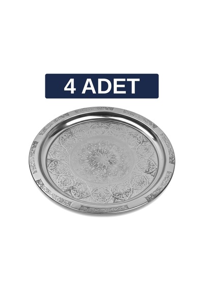 Binbir Trend 27 Cm Otantik Desenli Krom Çelik Kebap, Izgara, Meze Ve Servis Tabağı 4 Adet