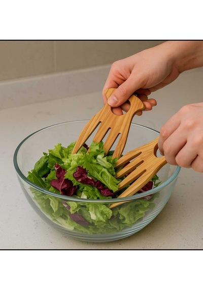 Zeytin Ağacı Salata Eli 2 Li Set Doğal Ahşap Salata Karıştırıcı El Yapımı Servis Maşası 15x9