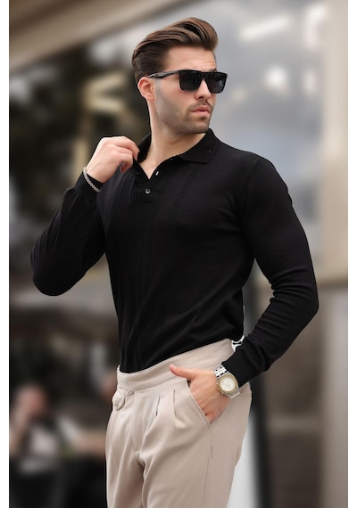 Madmext Siyah Polo Yaka Çizgili Erkek Triko Kazak 7265 Siyah