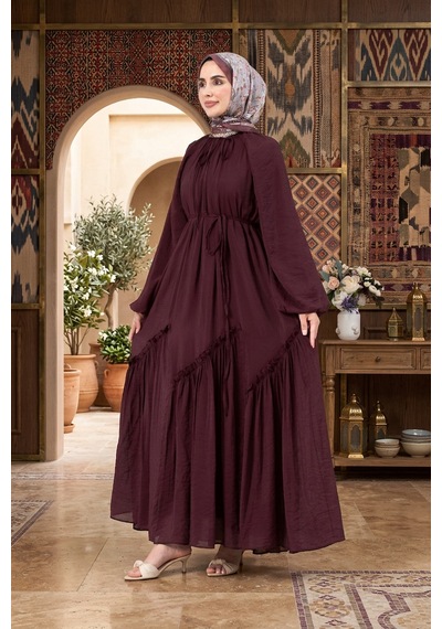 Sevitli Eteği Büzgü Detaylı Mira Tesettür Elbise-mürdüm-5735