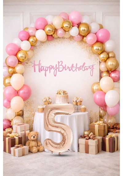 5 Yaş Pompa Hediyeli Doğum Günü Seti Banner Gold Pembe Kum Beji Beyaz Balonlar Rose Gold Rakam Çok Renkli