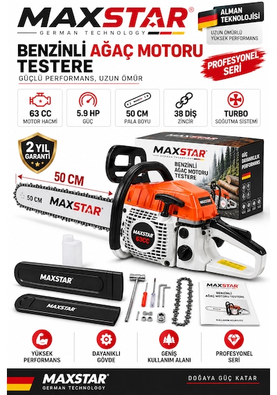 Maxstar MXSPR6320 63CC 5.9HP Benzinli Motorlu Testere Ağaç Kesme Motoru