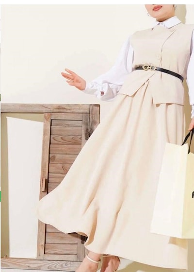 Lovie Moda Kadın Çapraz Düğmeli Etekli Takım Bej