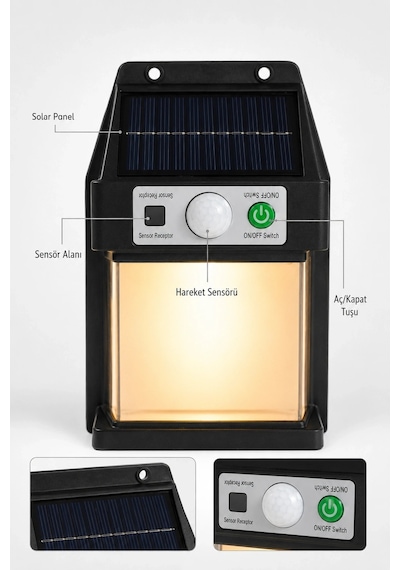 Güneş Enerjili Sensörlü Solar Aplik Duvar Tipi Dış Mekan Hareket Algılamalı Işık Çok Renkli