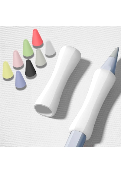 Apple Pencil 1-2 Nesil Pro Usb-c Uyumlu Soft Yumuşak Silikon Kalem Tutucu Ve 8'li Kalem Ucu Koruyucu Beyaz