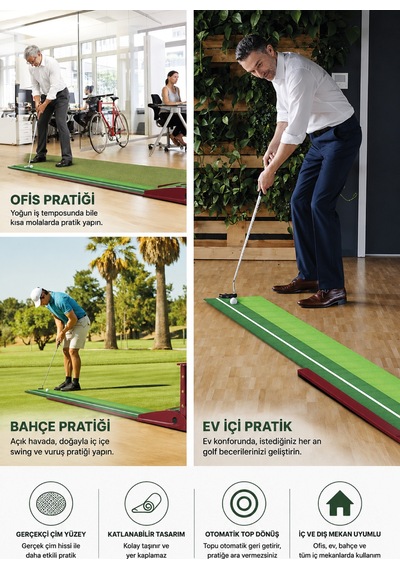 Walke Golf Putt Matı Ahşap Otomatik Top Dönüşlü Golf Antrenman Seti 3 Toplu 2 Delikli Yeşil