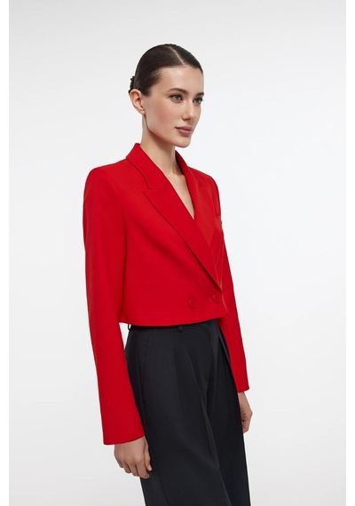 Saade Sââde Kadın Regular Fit Kruvaze Kapama Dokuma Crop Blazer Ceket -şık & Spor Kırmızı